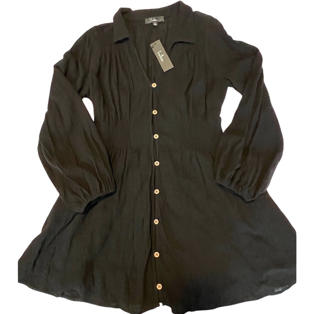 Lulus Women's M Mini Dress Black Linen Blend Smocked Waist Button Front Skater